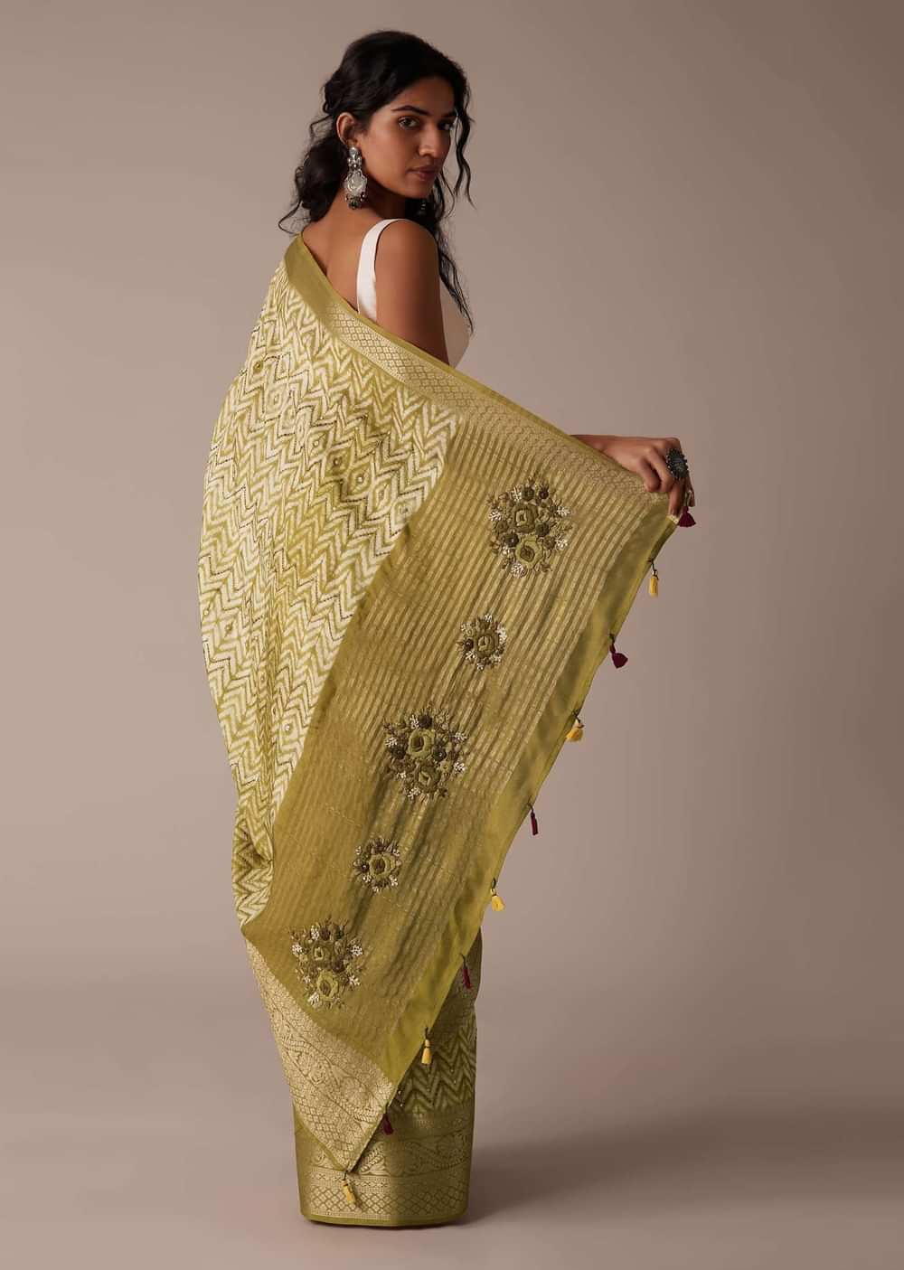 Mustard Yellow Shibori Saree In Tussar With Block Print Zari Border