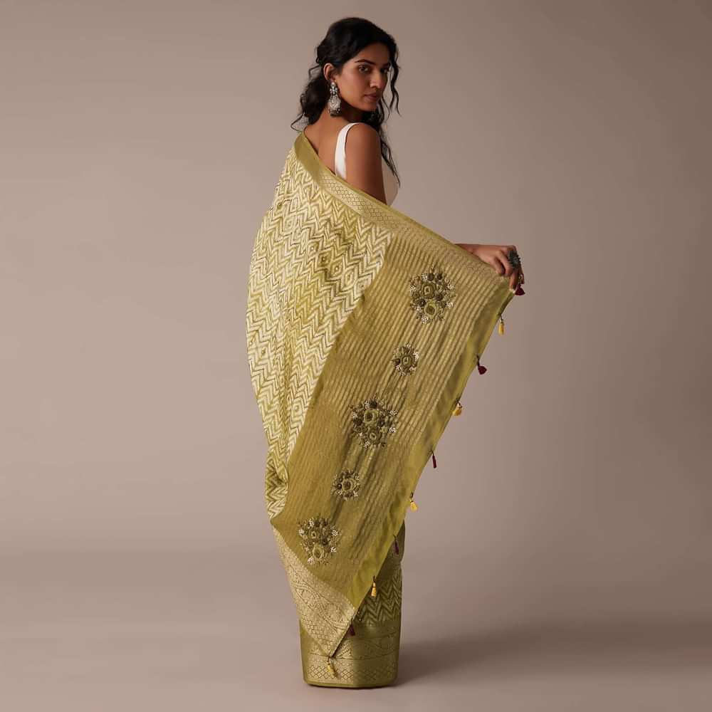 Mustard Yellow Shibori Saree In Tussar With Block Print Zari Border