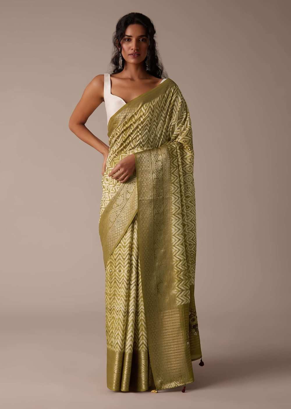 Mustard Yellow Shibori Saree In Tussar With Block Print Zari Border
