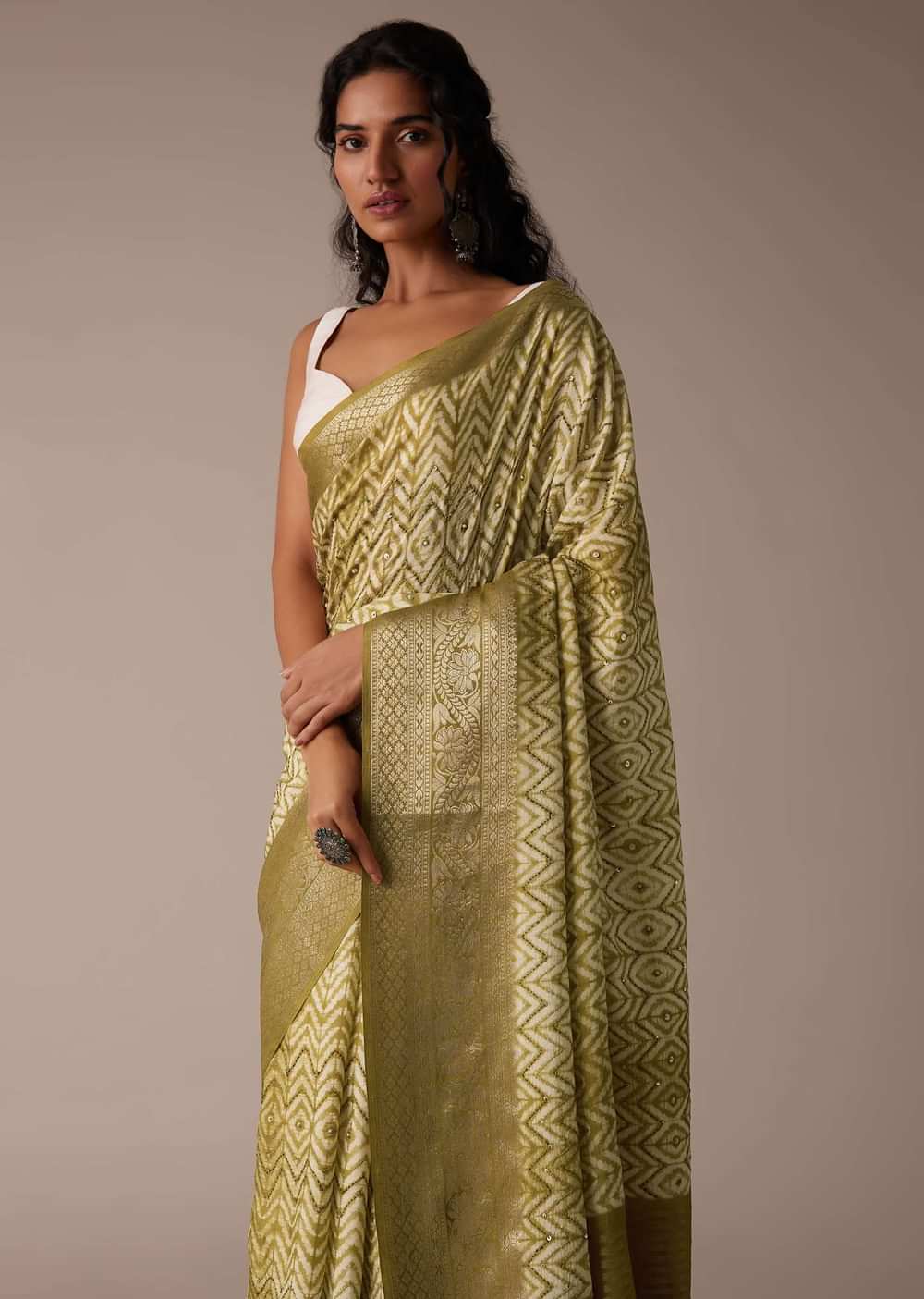 Mustard Yellow Shibori Saree In Tussar With Block Print Zari Border