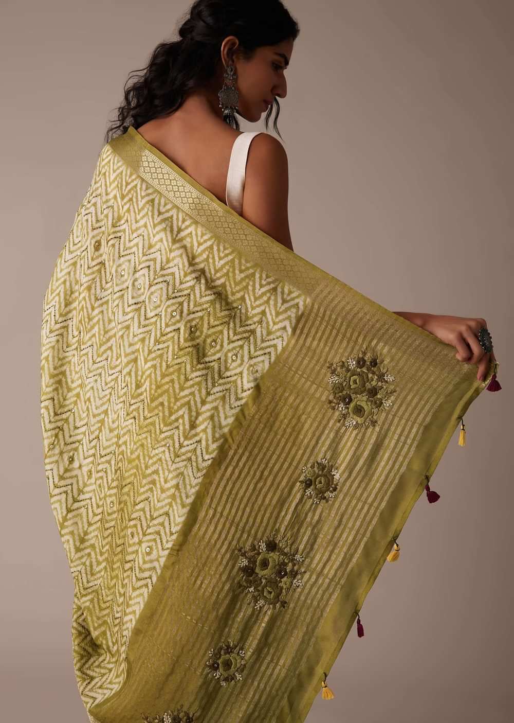 Mustard Yellow Shibori Saree In Tussar With Block Print Zari Border