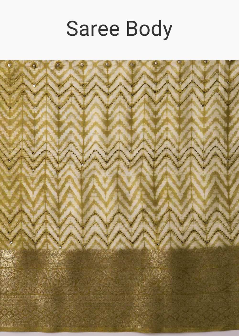 Mustard Yellow Shibori Saree In Tussar With Block Print Zari Border