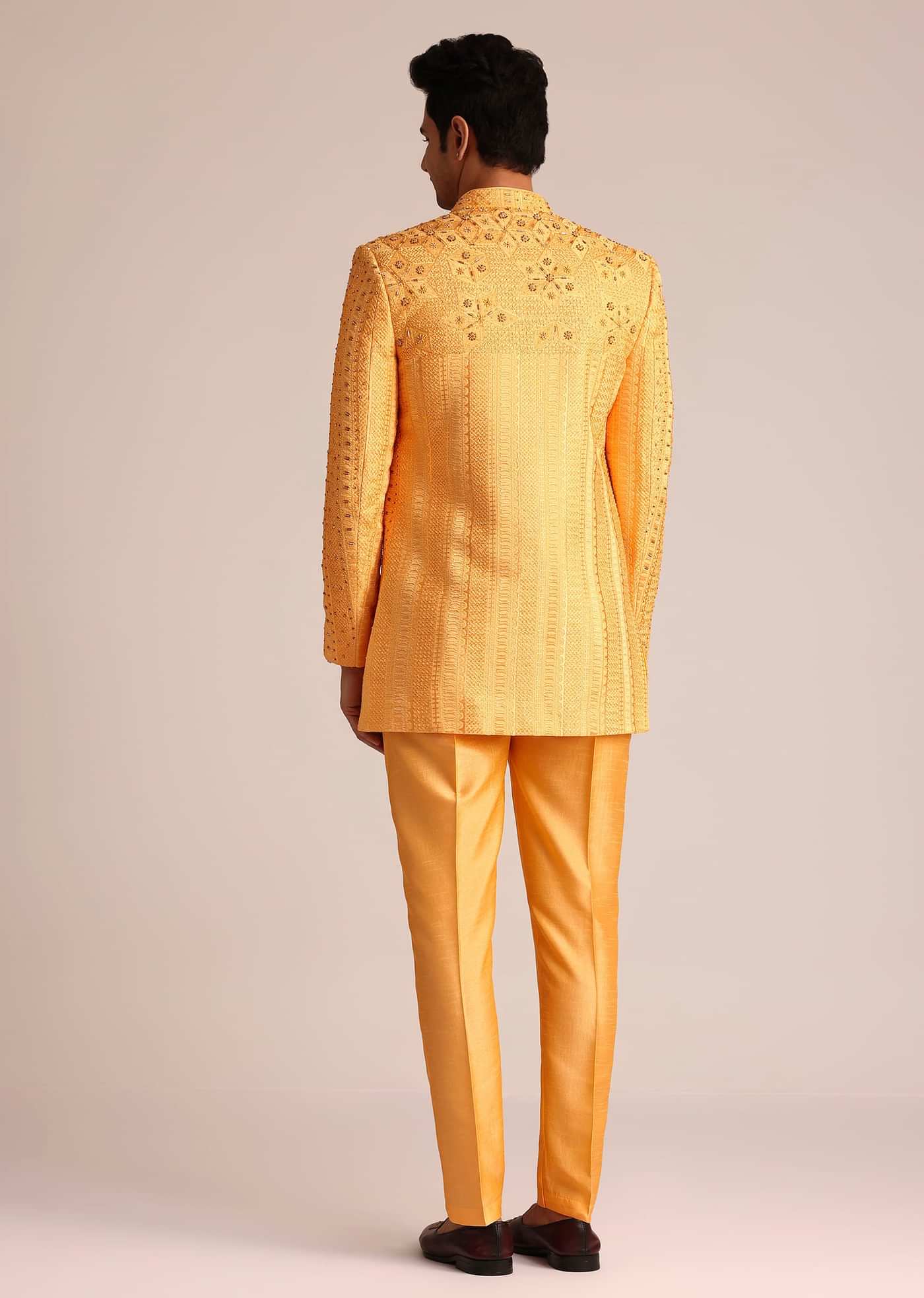 Mustard Yellow Silk Indo Western Set With Zardosi Work