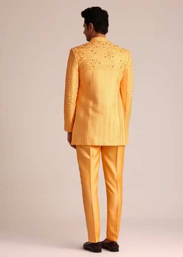 Mustard Yellow Silk Indo Western Set With Zardosi Work