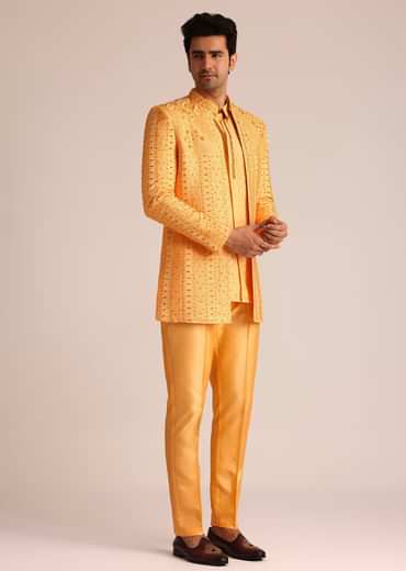 Mustard Yellow Silk Indo Western Set With Zardosi Work