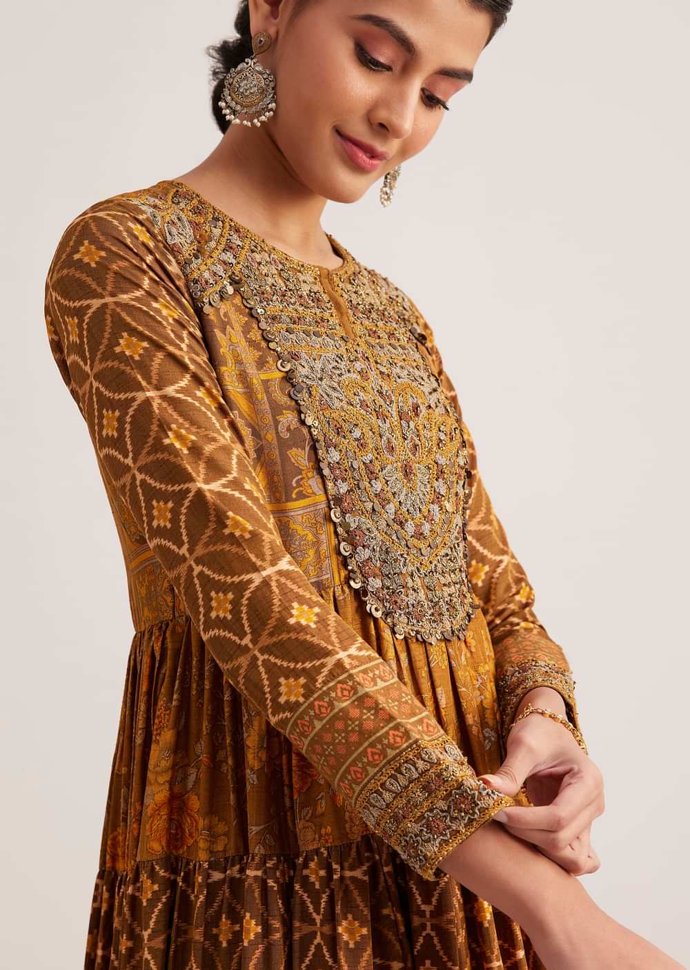 Mustard Yellow Silk Kurti With Indie Print