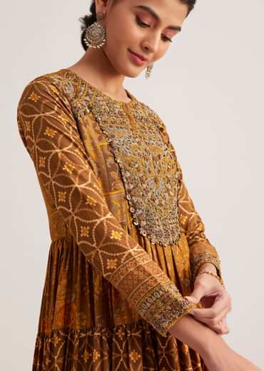Mustard Yellow Silk Kurti With Indie Print