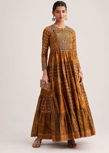 Mustard Yellow Silk Kurti With Indie Print