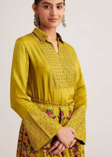 Mustard Yellow Silk Skirt Set With Zari Work