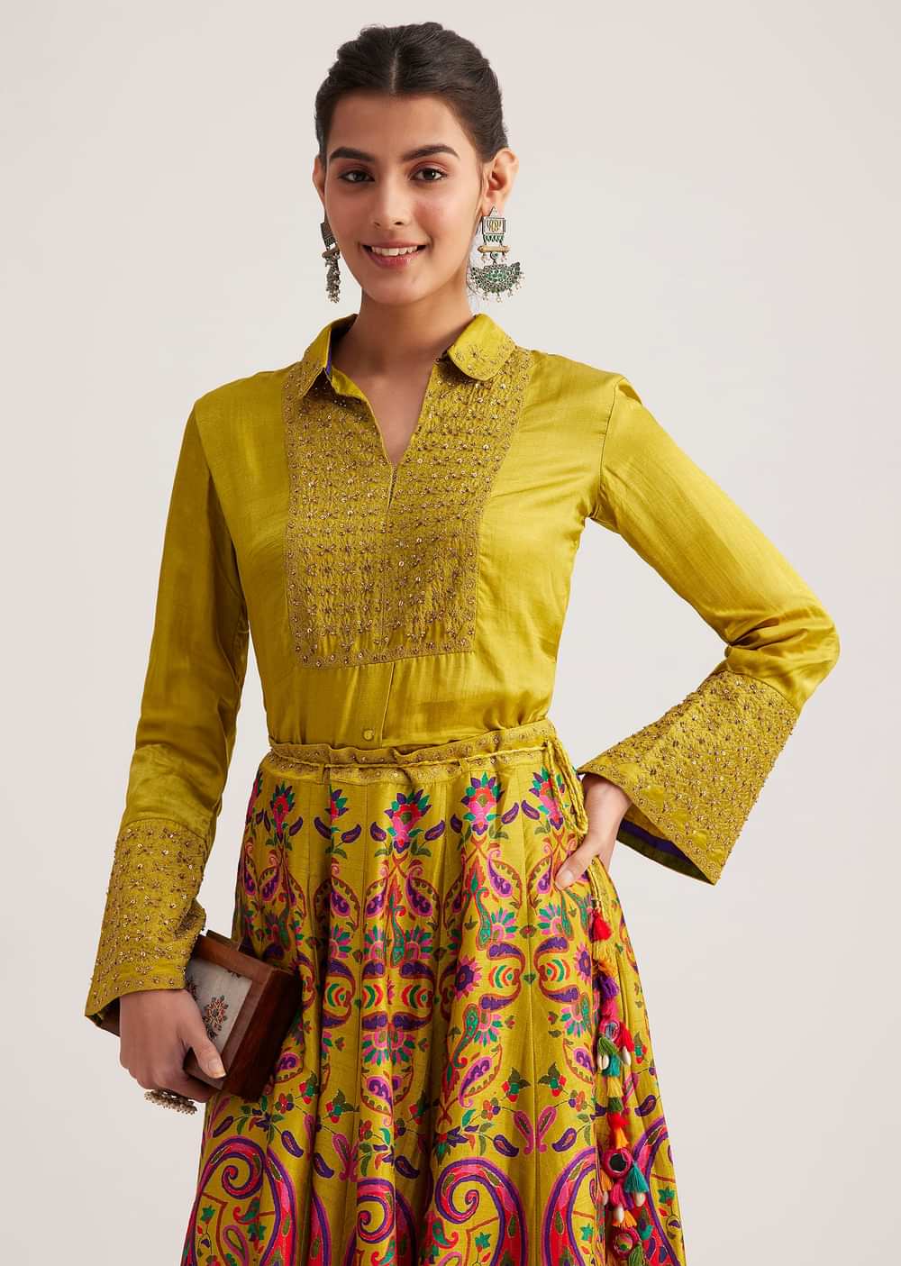 Mustard Yellow Silk Skirt Set With Zari Work
