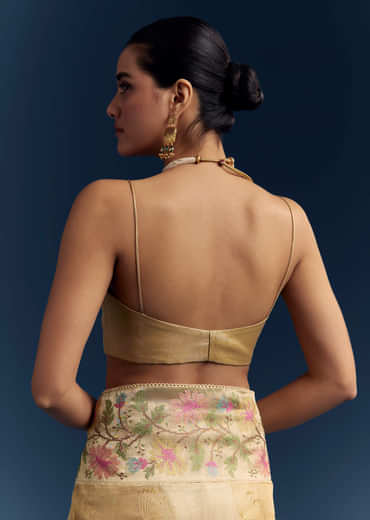 Mustard Yellow Tissue Silk Saree With Floral Resham Embroidery Mustard Yellow Tissue Silk Saree With Floral Resham Embroidery