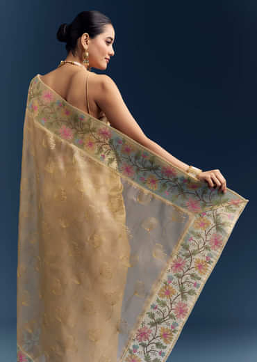 Mustard Yellow Tissue Silk Saree With Floral Resham Embroidery Mustard Yellow Tissue Silk Saree With Floral Resham Embroidery