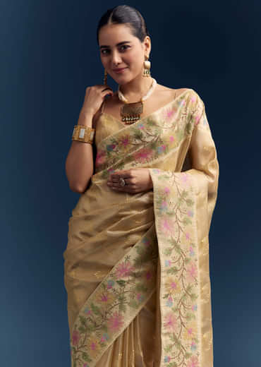 Mustard Yellow Tissue Silk Saree With Floral Resham Embroidery Mustard Yellow Tissue Silk Saree With Floral Resham Embroidery