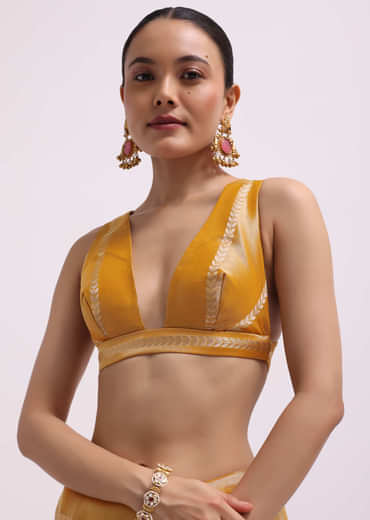 Mustard Yellow Zari Woven Chanderi Saree With Unstitched Blouse