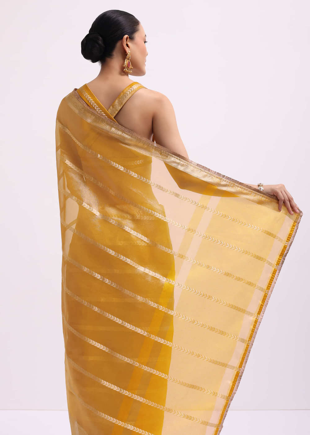 Mustard Yellow Zari Woven Chanderi Saree With Unstitched Blouse