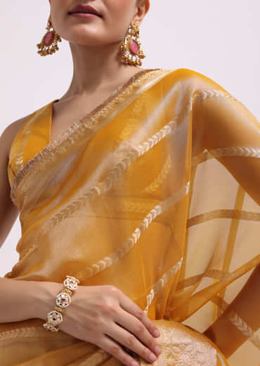 Mustard Yellow Zari Woven Chanderi Saree With Unstitched Blouse