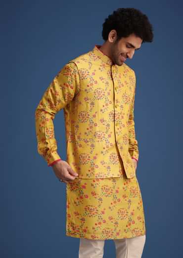 Musturd Thread Work Kurta Jacket Set