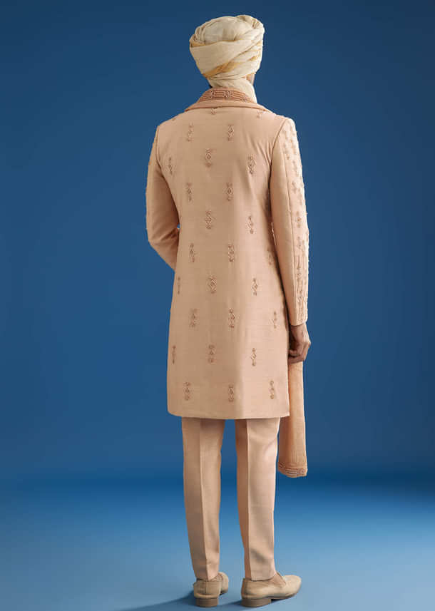 Natural Beige Tissue Sherwani Dupatta Set With Cutdana And Crystal Work