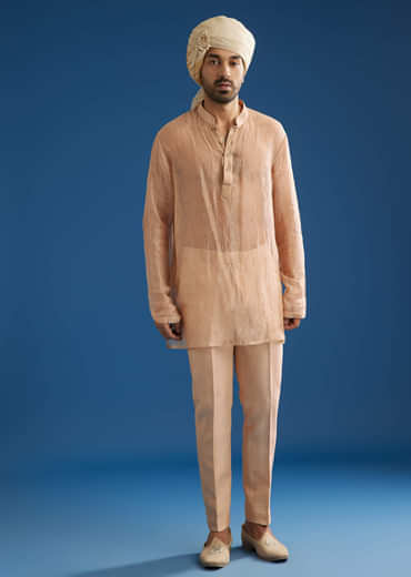 Natural Beige Tissue Sherwani Dupatta Set With Cutdana And Crystal Work