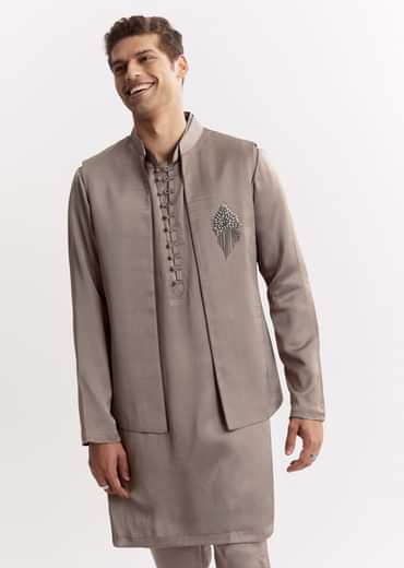 Natural Linen Kurta Jacket Set With Mandarin Collar