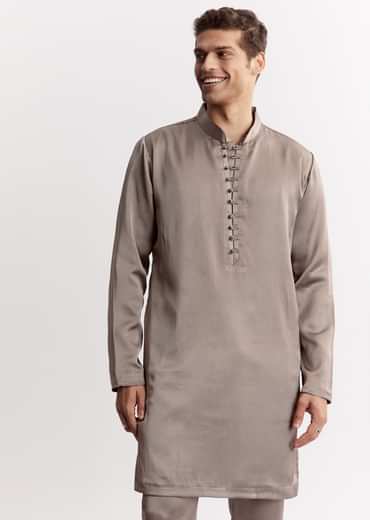 Natural Linen Kurta Jacket Set With Mandarin Collar