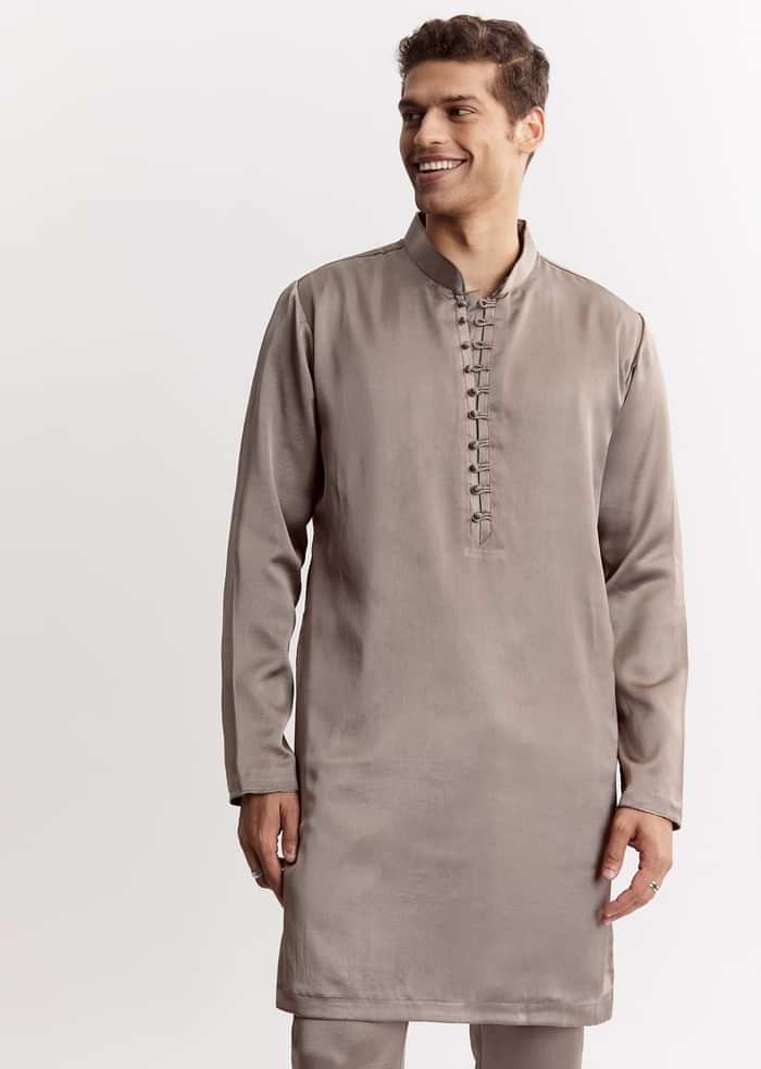 Natural Linen Kurta Jacket Set With Mandarin Collar