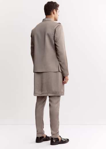 Natural Linen Kurta Jacket Set With Mandarin Collar