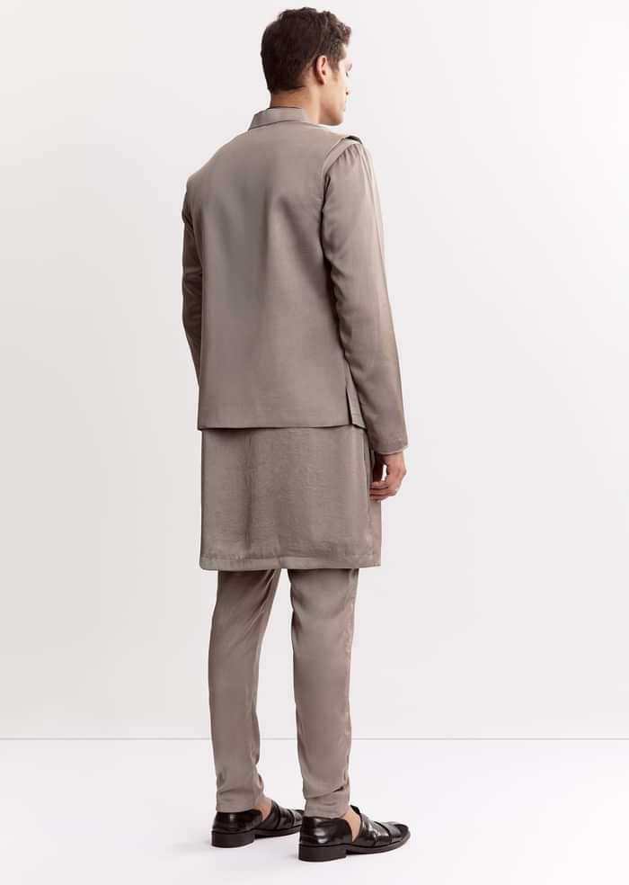 Natural Linen Kurta Jacket Set With Mandarin Collar
