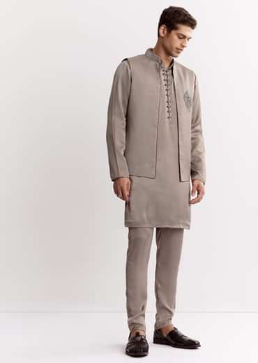 Natural Linen Kurta Jacket Set With Mandarin Collar