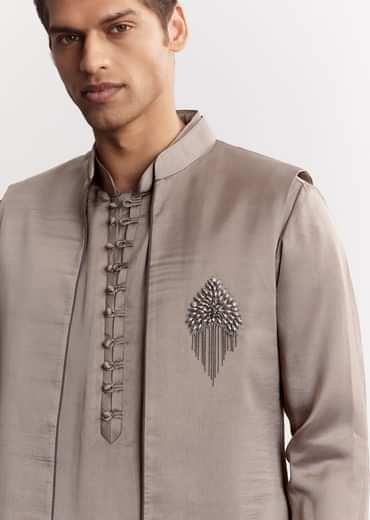 Natural Linen Kurta Jacket Set With Mandarin Collar