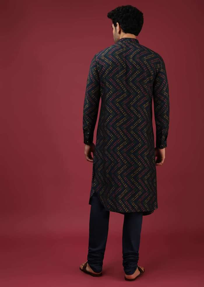 Navy Blue Bandi Jacket With Block Printed Floral Buttis, Off Centre Placket And Bandhani Printed Cowl Kurta Set