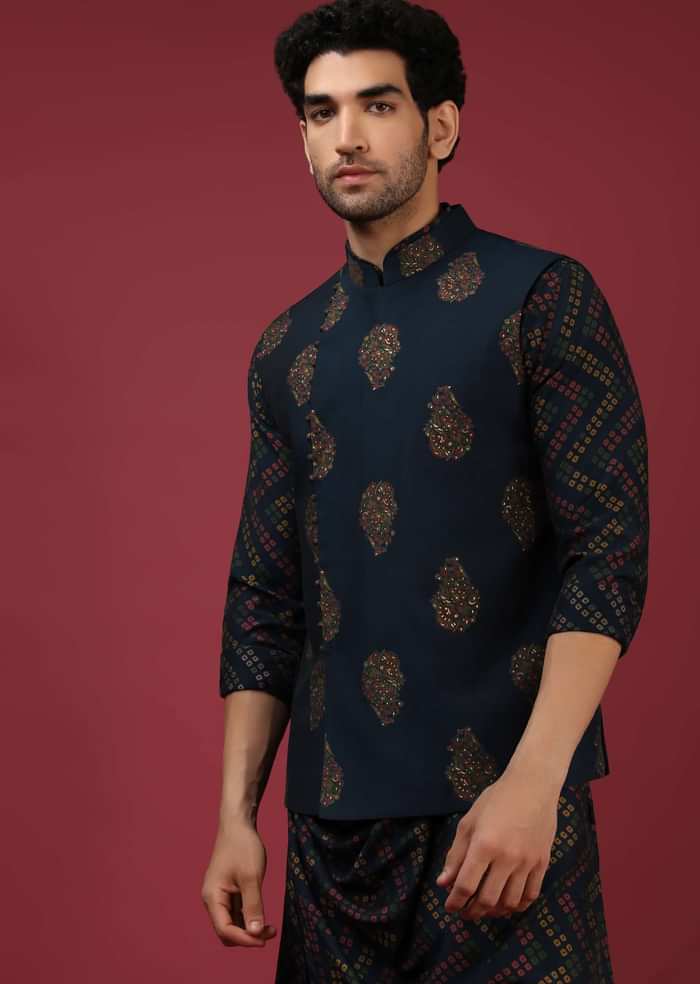 Navy Blue Bandi Jacket With Block Printed Floral Buttis, Off Centre Placket And Bandhani Printed Cowl Kurta Set
