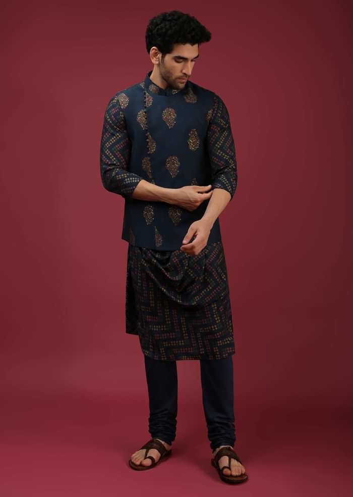 Navy Blue Bandi Jacket With Block Printed Floral Buttis, Off Centre Placket And Bandhani Printed Cowl Kurta Set