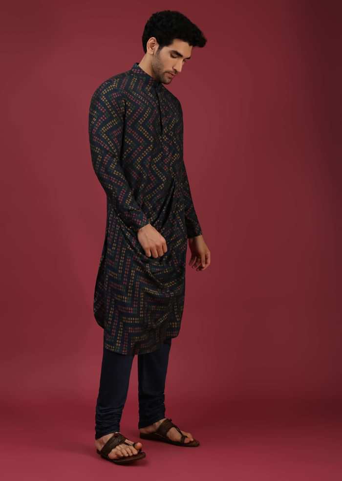 Navy Blue Bandi Jacket With Block Printed Floral Buttis, Off Centre Placket And Bandhani Printed Cowl Kurta Set