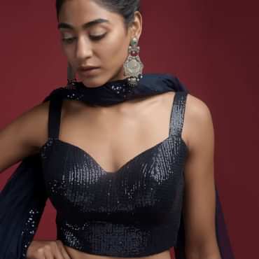 Navy Blue Blouse Embellished In Sequins With Corset Neckline