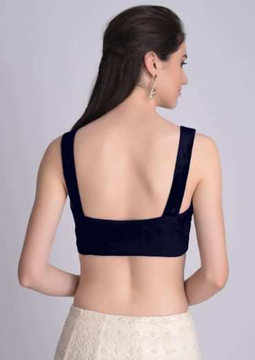 Navy blue Blouse In Velvet With Sweetheart Neckline And  Curved Hem