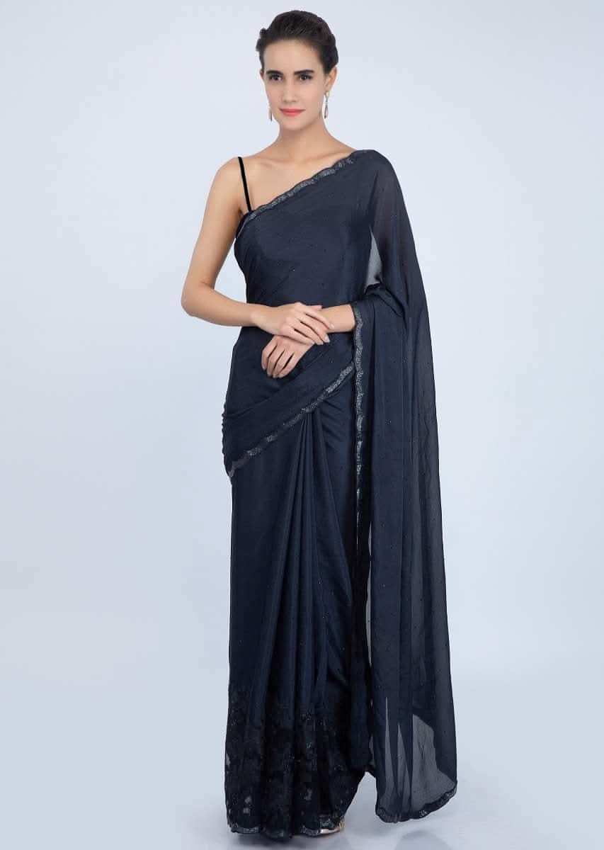 Navy blue chiffon saree with organza hem in cord work only on kalki