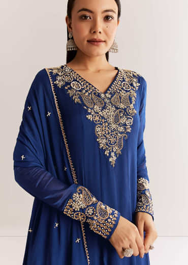 Navy Blue Chinon Anarkali Set With Cutdana Moti And Gotta Lace Dupatta