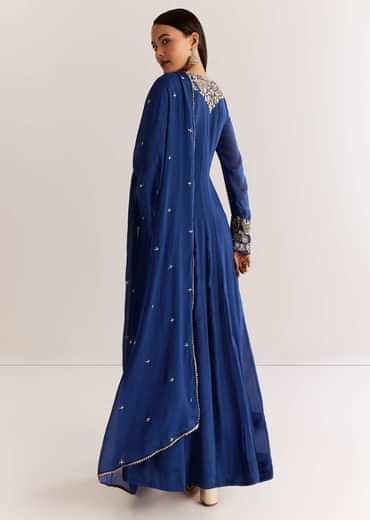 Navy Blue Chinon Anarkali Set With Cutdana Moti And Gotta Lace Dupatta