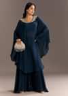 Navy Blue Chinon Cape Style Kurta With Zardosi Neckline