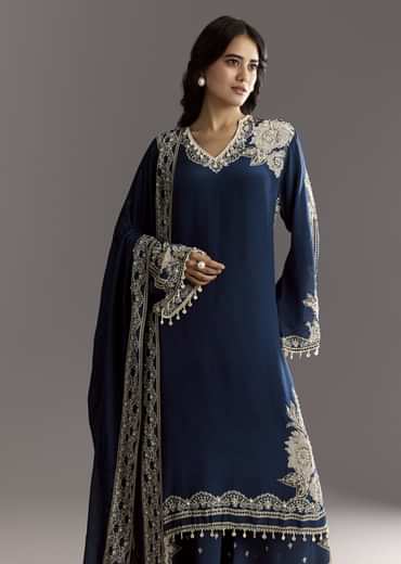 Navy Blue Crepe Moti Work Kurta With Printed Palazzo Dupatta