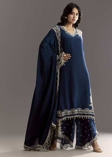 Navy Blue Crepe Moti Work Kurta With Printed Palazzo Dupatta