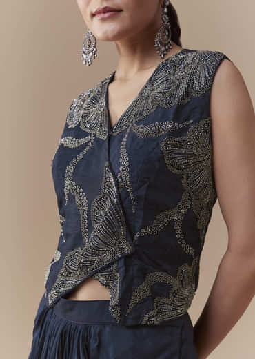 Navy Blue Crop Top and Silk Skirt Set with Cutdana Work