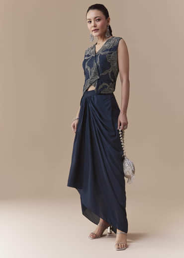 Navy Blue Crop Top and Silk Skirt Set with Cutdana Work