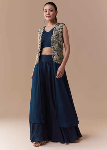 Navy Blue Crop Top Silk Skirt Set with Zari Jacket