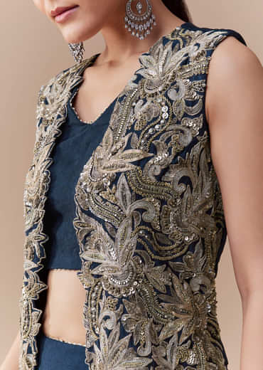 Navy Blue Crop Top Silk Skirt Set with Zari Jacket