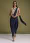 Navy Blue Dhoti Saree In Satin With  Pre-Stitched Pallu And Sand Beige Floral Printed Crop Top Online - Kalki Fashion