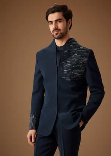 Navy Blue Embroidered Tuxedo Set
