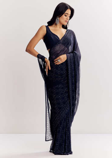 Navy Blue Georgette Saree Embellished With Stones All Over