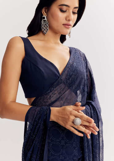 Navy Blue Georgette Saree Embellished With Stones All Over